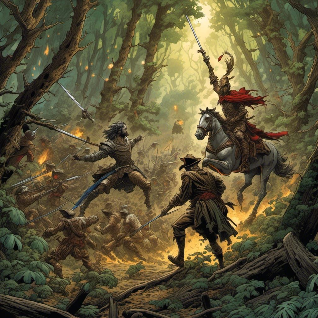 Don Quixote and Sancho Panza in Forest War