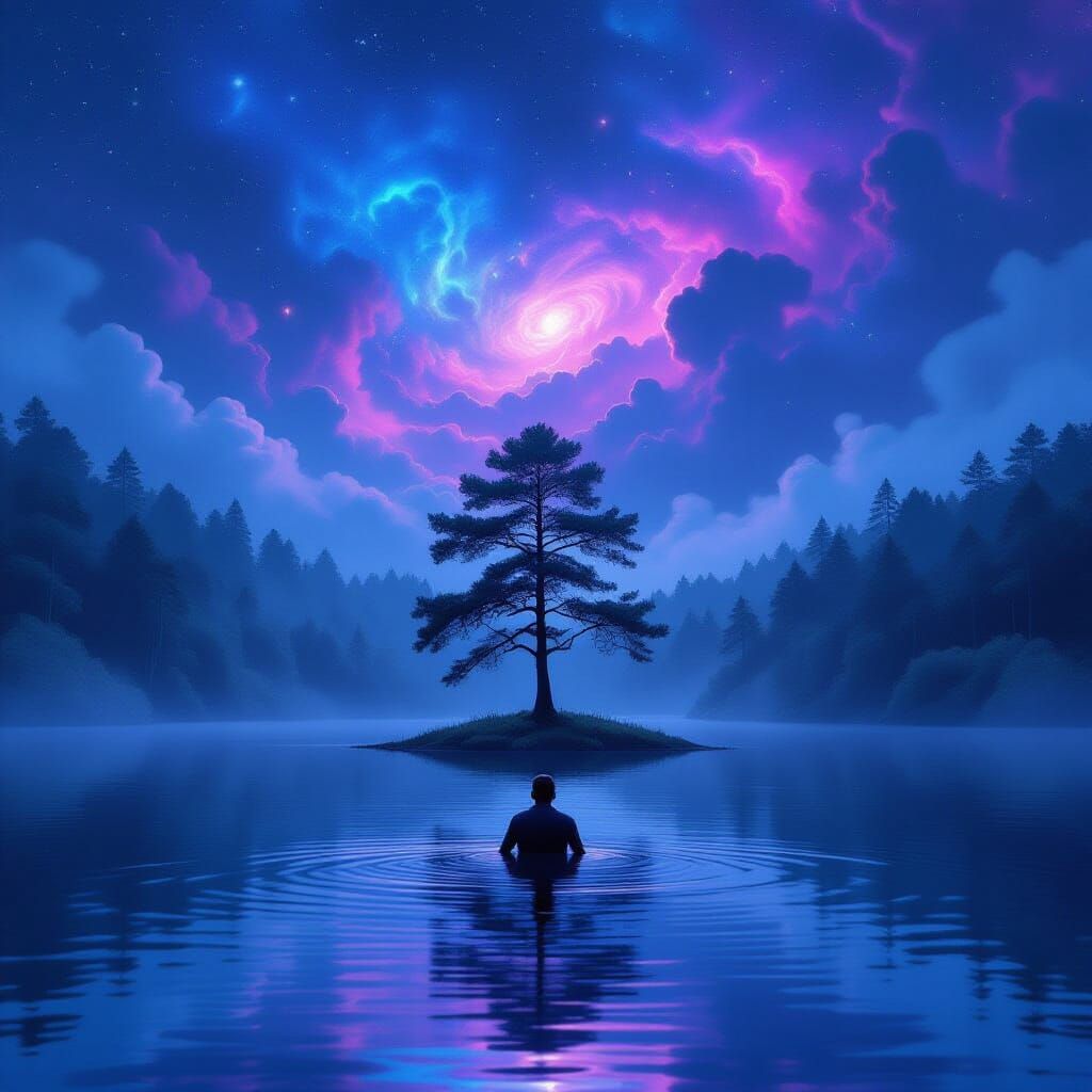 Man Wades in Lake Under Nebula Sky with Solitary Tree