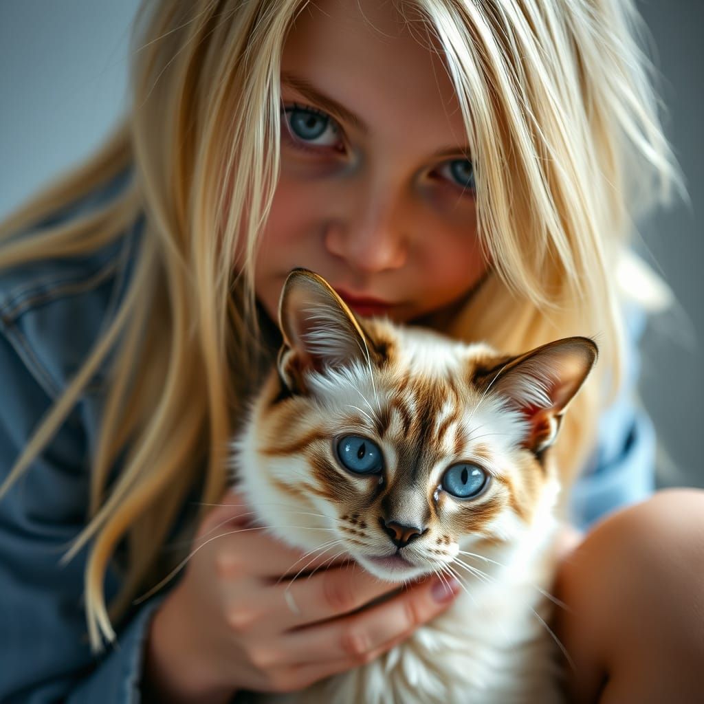 Blonde Girl and Siamese Cat with Blue Eyes