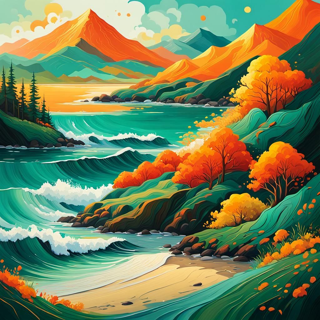 Seaside Forest Mountain in Abstract Expressionism