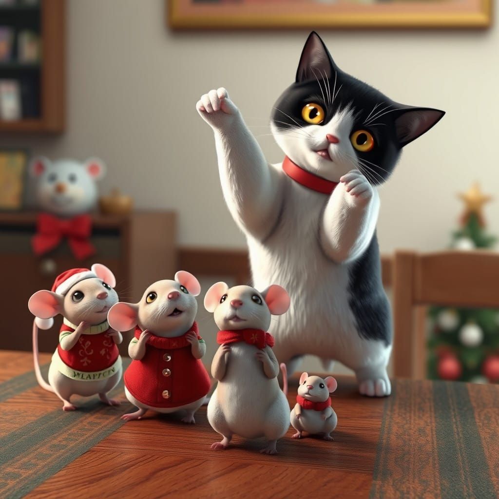 Whimsical Christmas Cat Faces Off Against Mice in Anime-Styl...
