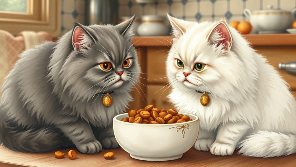 Two Persian Cats Sharing Food, Beatrix Potter Style