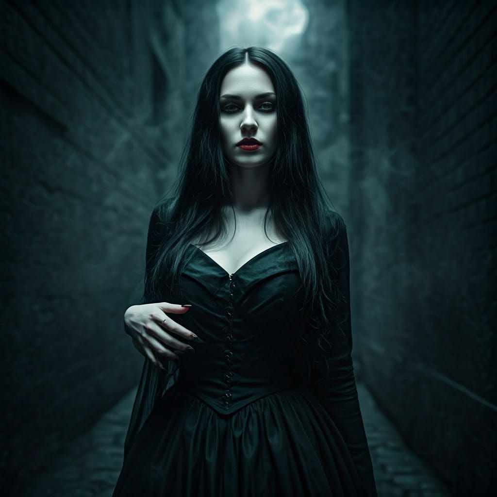 Mysterious Woman in Foggy Alleyway: A Dark Romance
