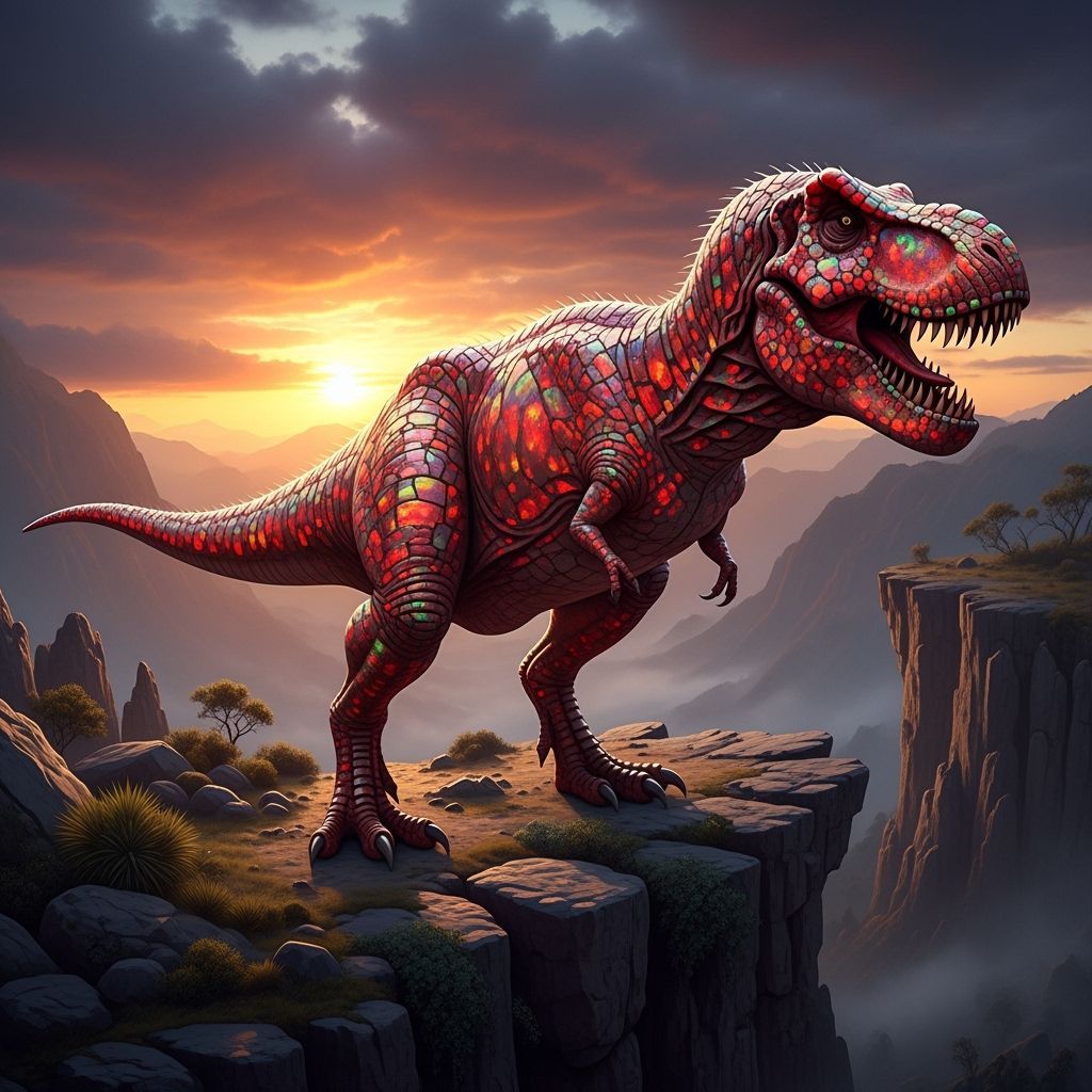 Iridescent Opal Tyrannosaurus Rex on Cliff