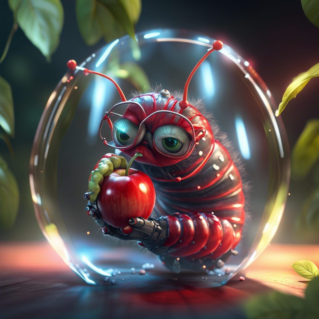 Caterpillar with Glasses Eating Apple in 3D