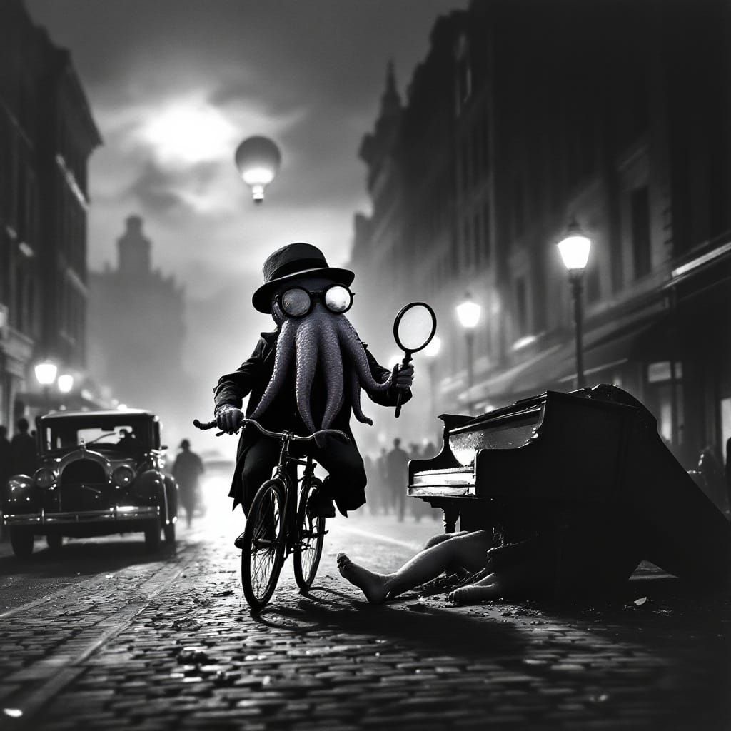 Octopus Detective Investigates Piano Crime Scene in Film Noi...