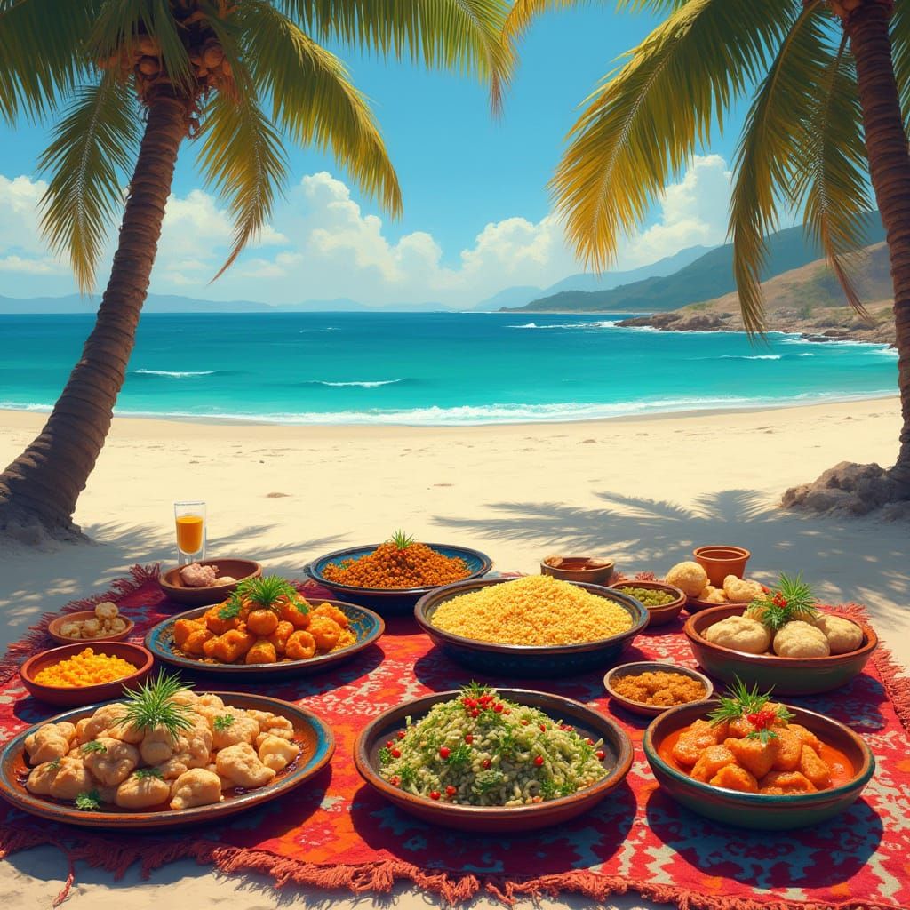 Vibrant Moroccan Beachside Feast in Warm, Sunny Light