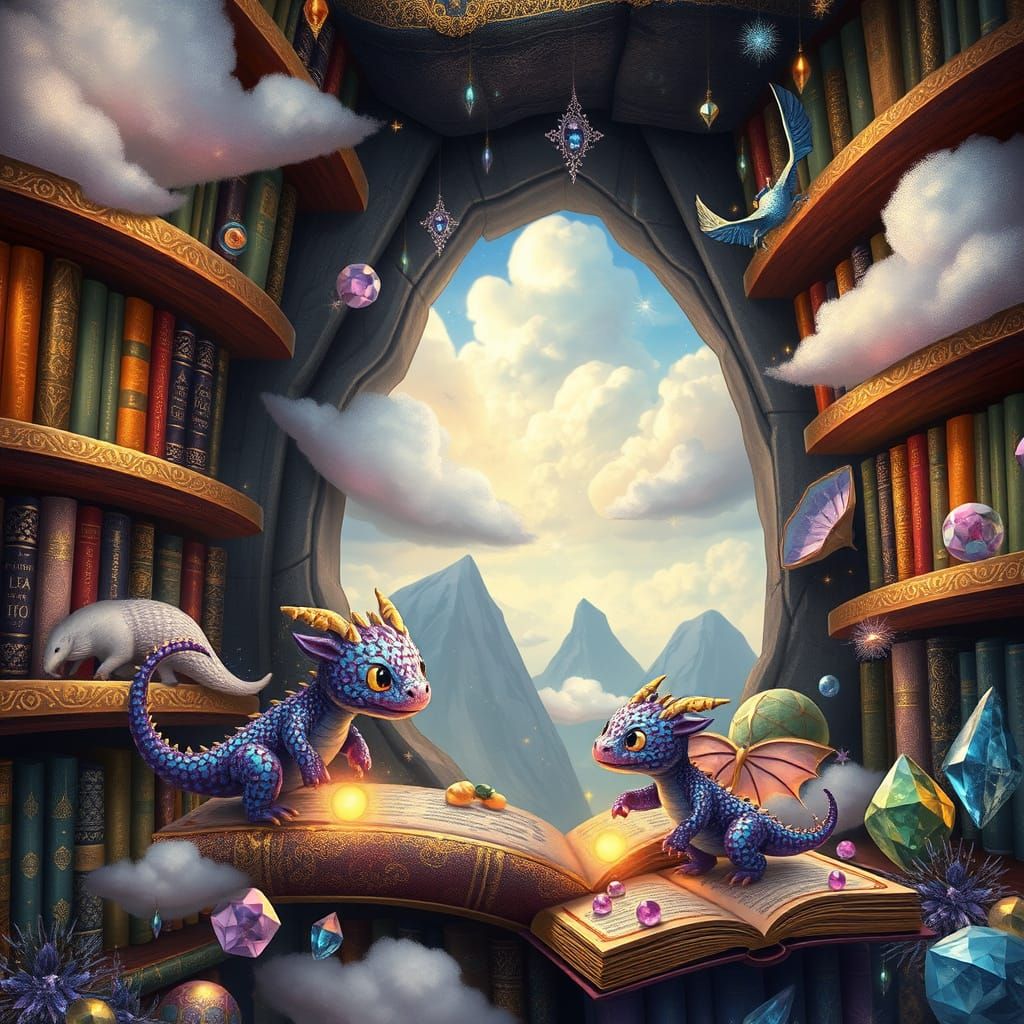 Chubby Little Dragons in Whimsical Bookshelf World