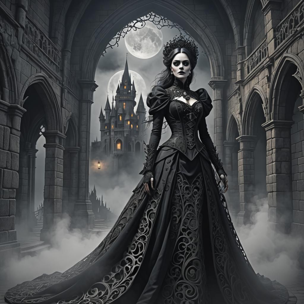 Gothic Woman Enters Eerie Castle in 3D Render