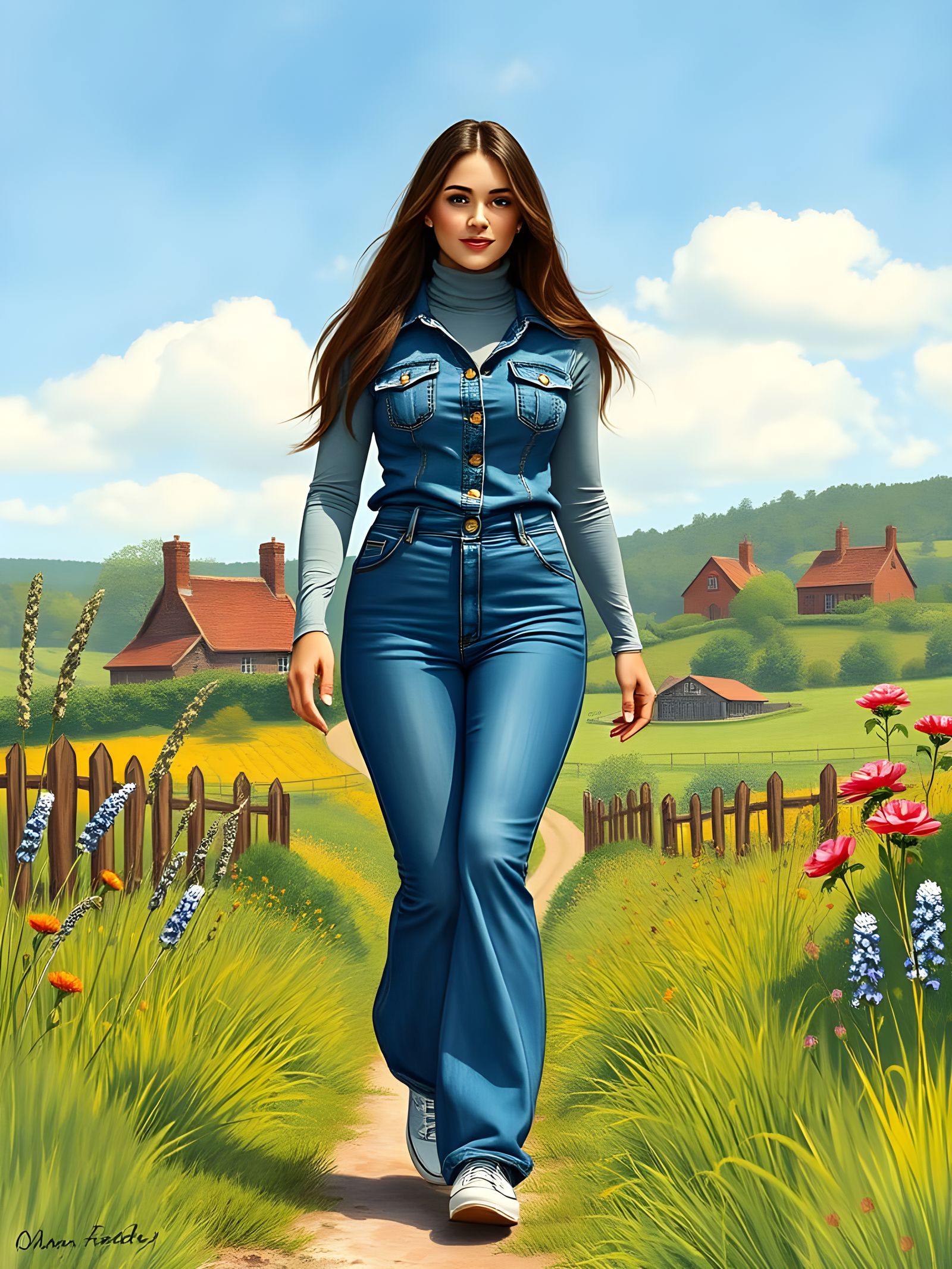 Woman in Denim Jumpsuit: Art Nouveau Impressionism