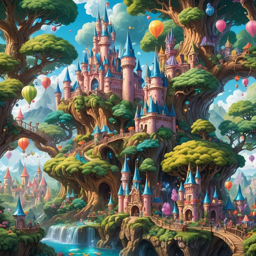 Enchanted Rainbow Castle in a Fantasy Theme Park