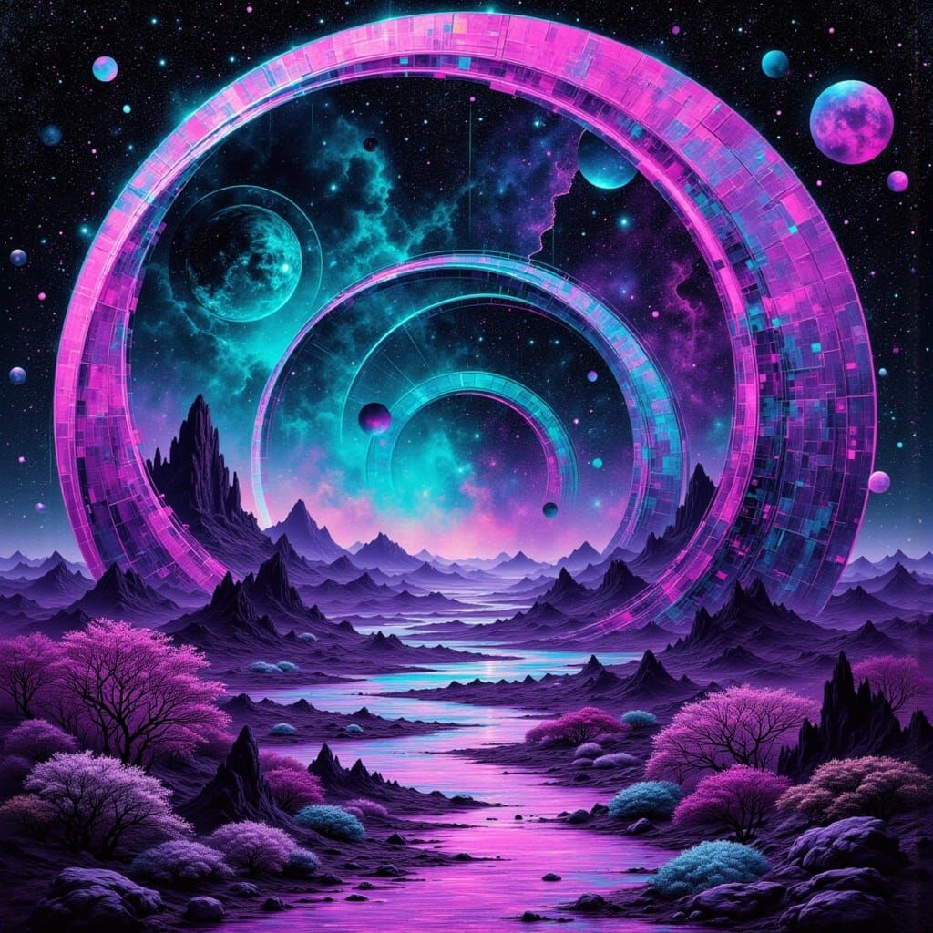 Abstract Reality: Golden Spiral in Neon Landscape