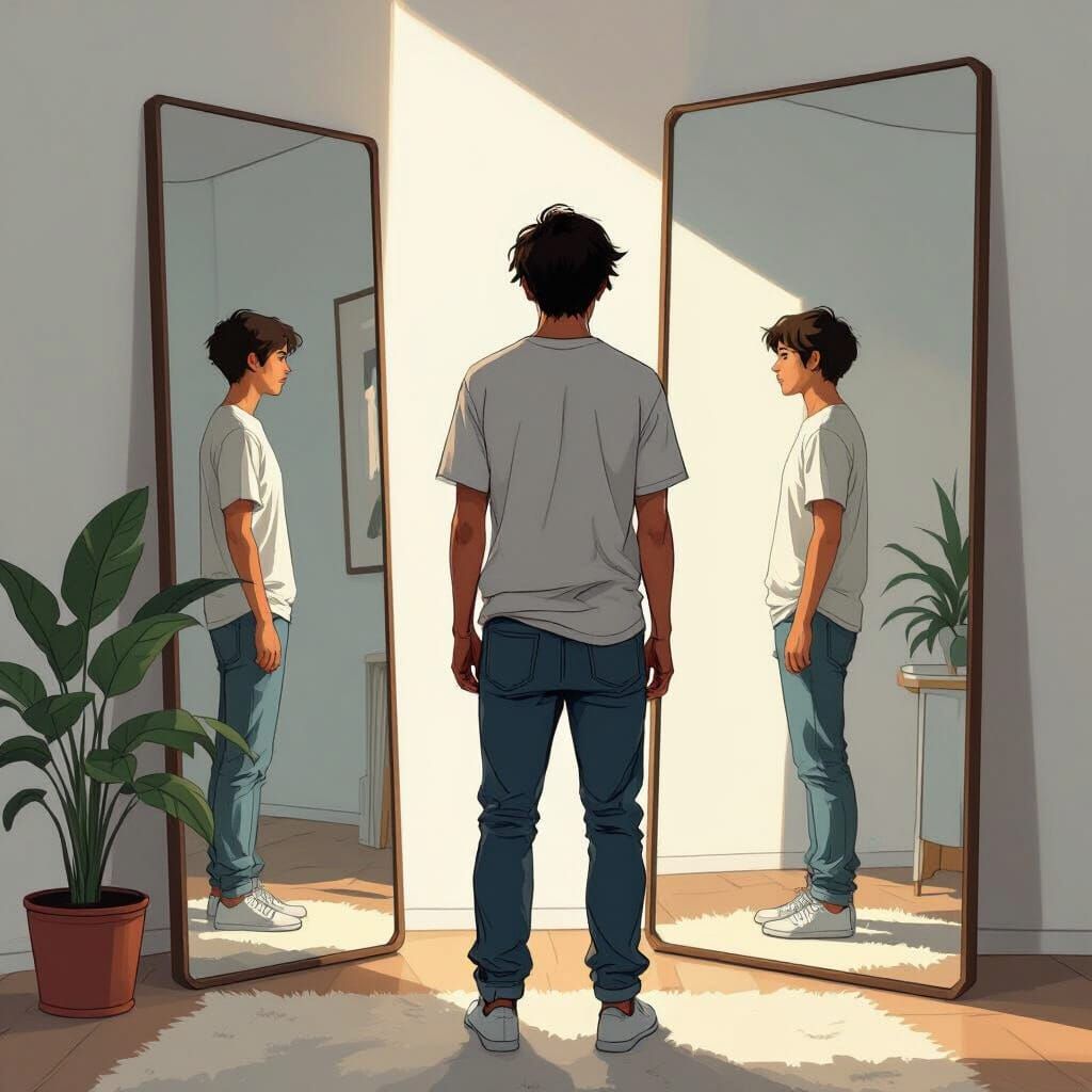 Person in Mirror, Retro-Futuristic Interior