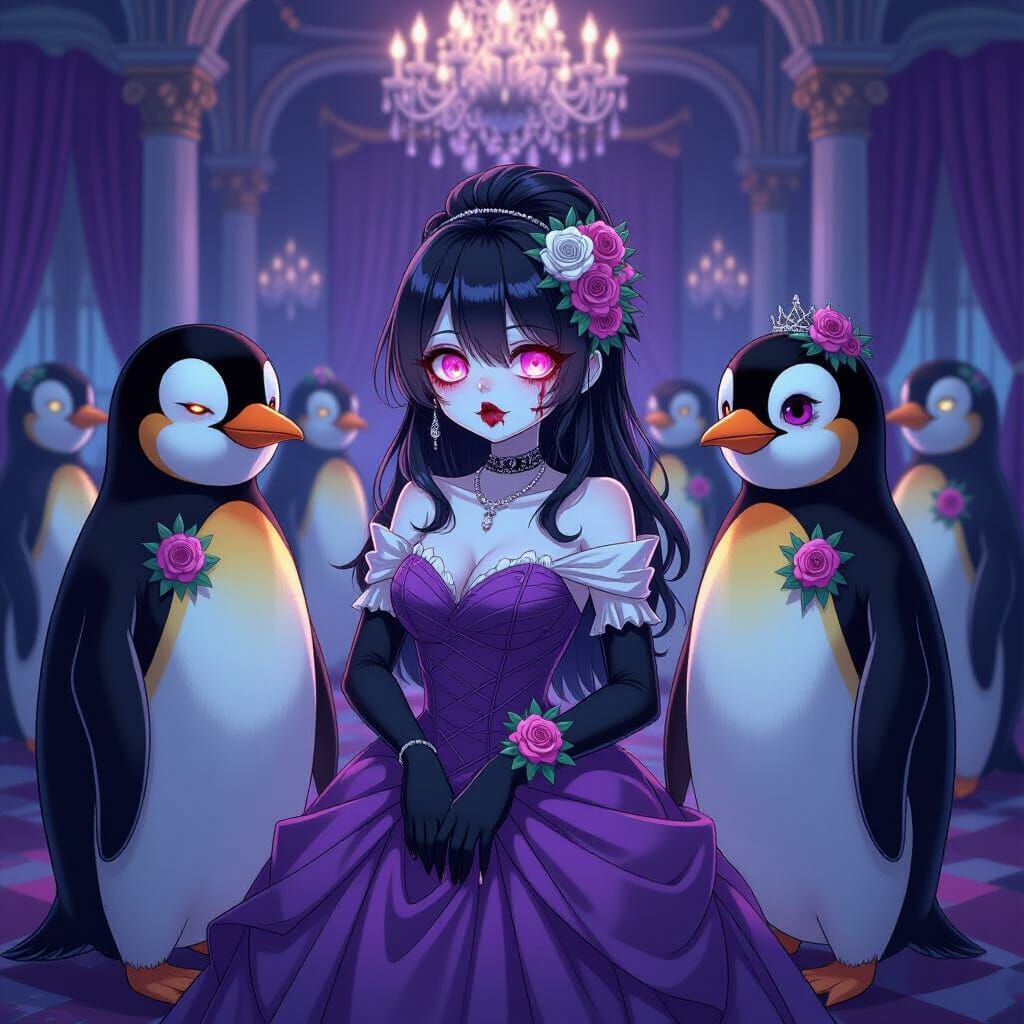 Zombie Penguin Prom Night in Vibrant Anime Style