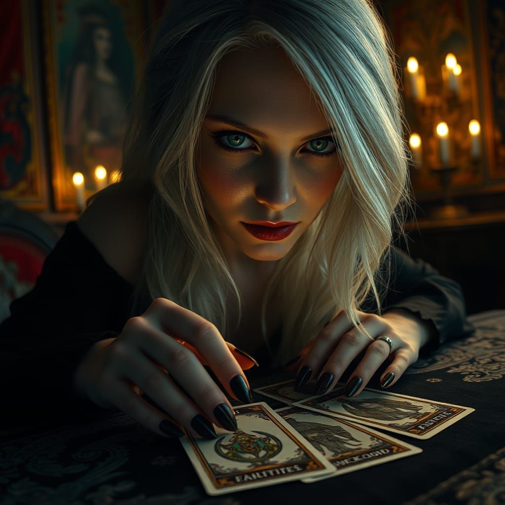 Woman Reading Tarot Cards in Gothic Chamber
