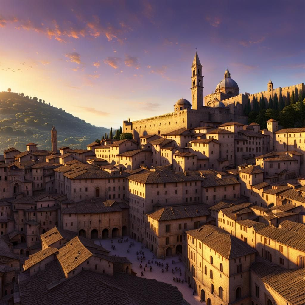 Urbino Piazza: Renaissance City in Sunset Light