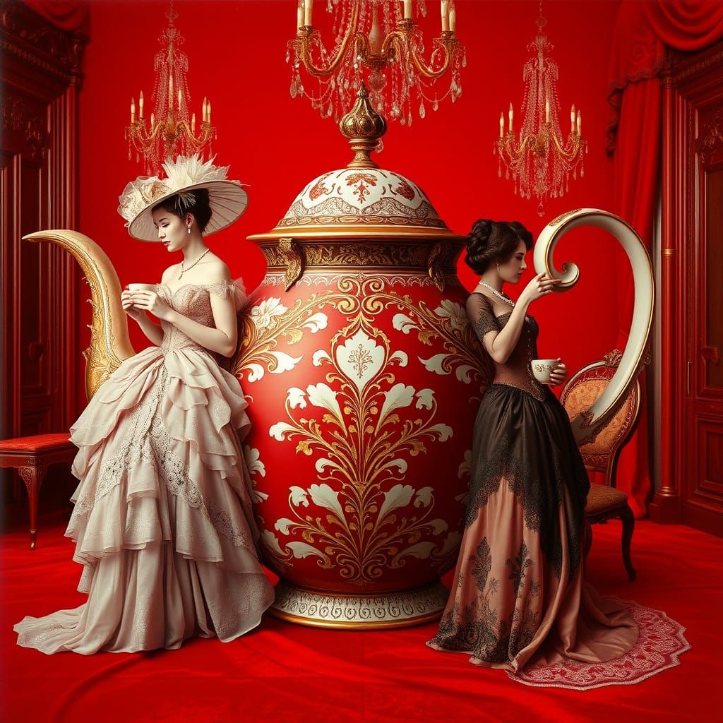 Elegant Victorian Ladies Sipping Tea from Ornate Teapot