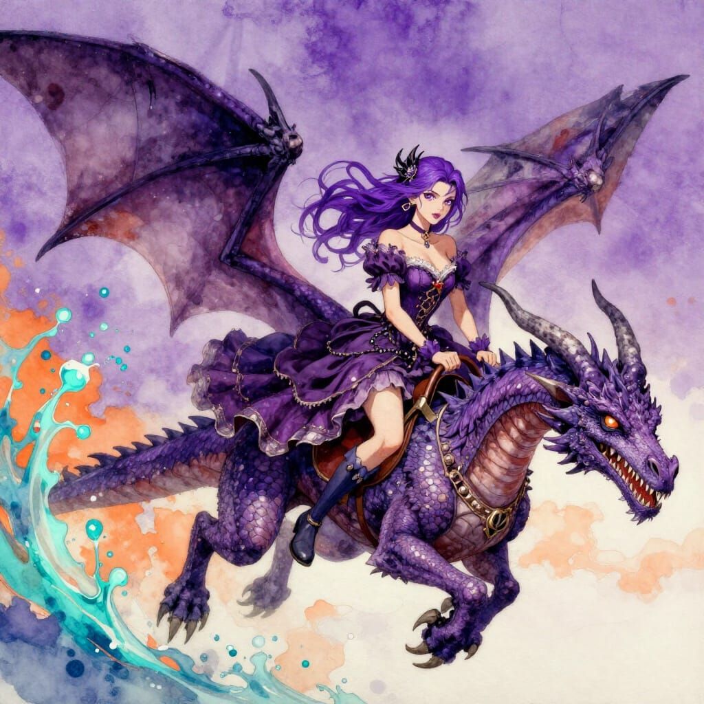 Gothic Woman Rides Purple Dragon in Watercolor Sky