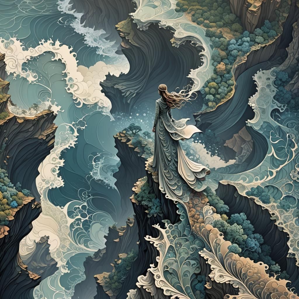 Tiny Woman Contemplates Nature's Power