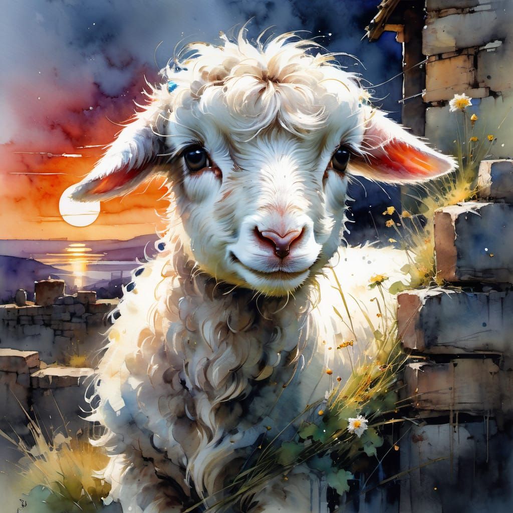 Surreal Watercolor Portrait of Lamb in Fairytale Setting