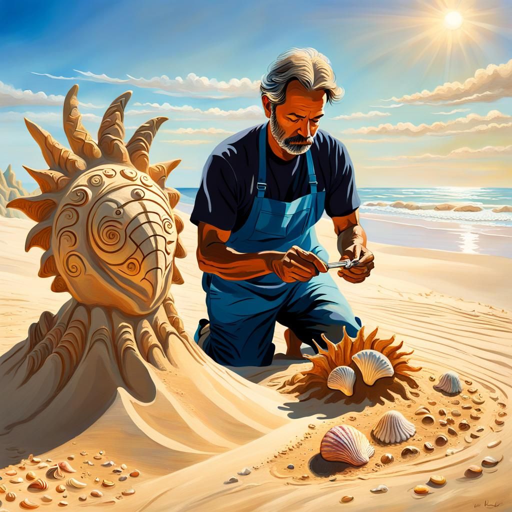 Artisan Crafts Sand Sculpture in Impressionist Style