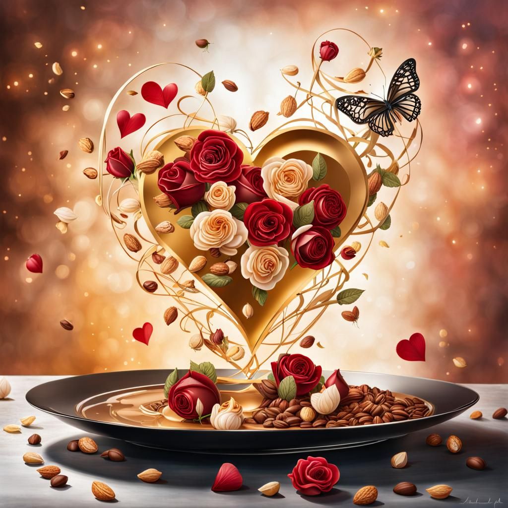 Chocolate Heart Surrounded by Roses in Photorealistic Style