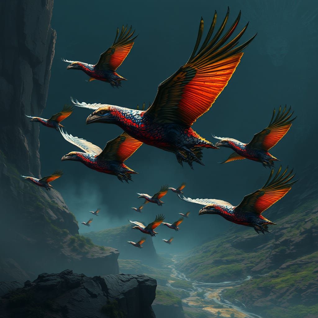 Feathered Raptors: Detailed Matte Painting in Deep Color