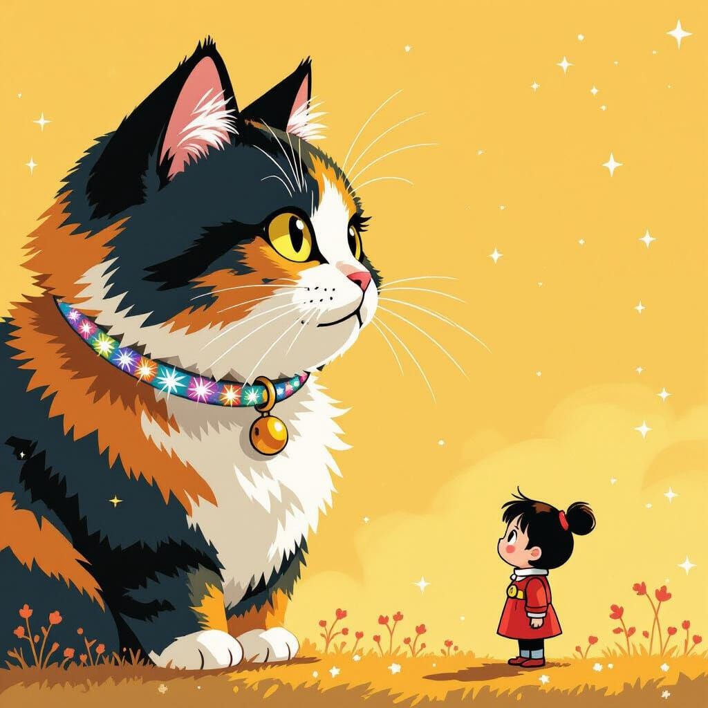 Giant Cat and Tiny Human in Whimsical Style