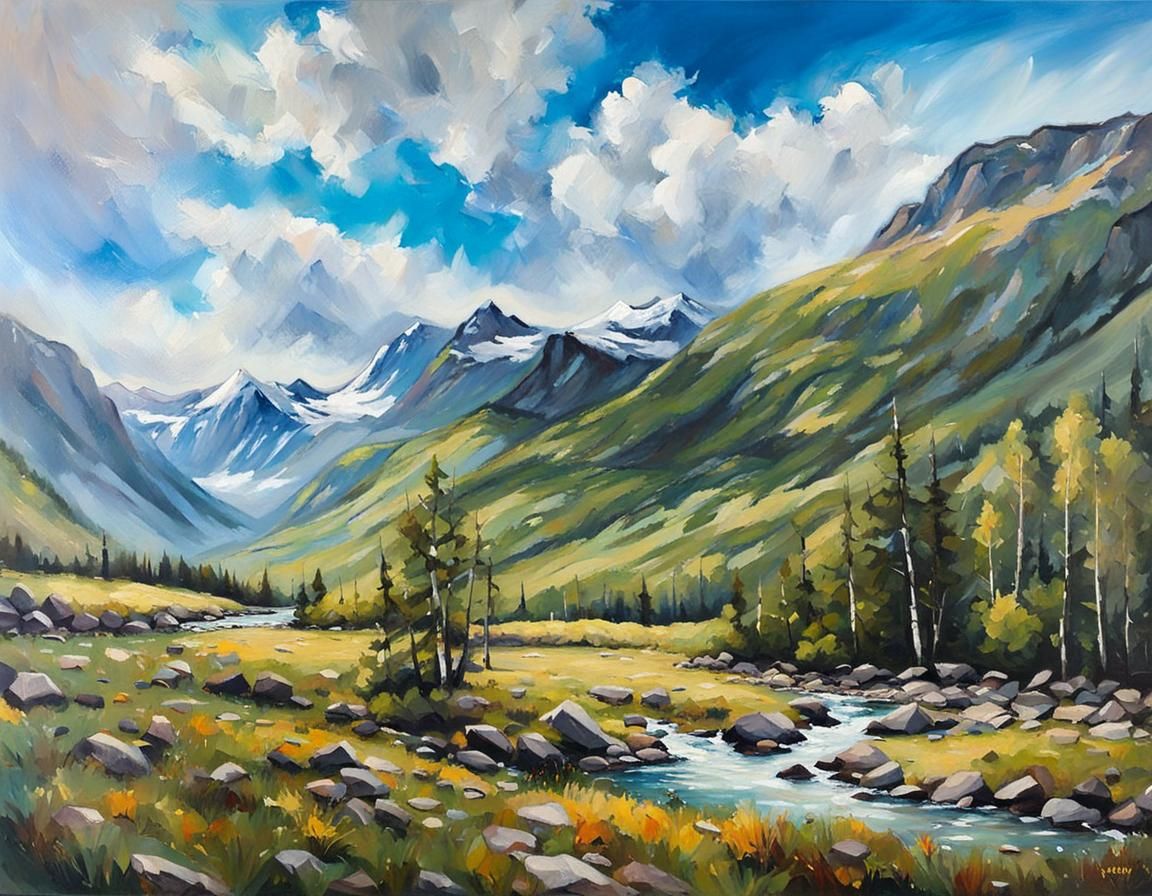 Norwegian Mountain Landscape in Oil Painting Style