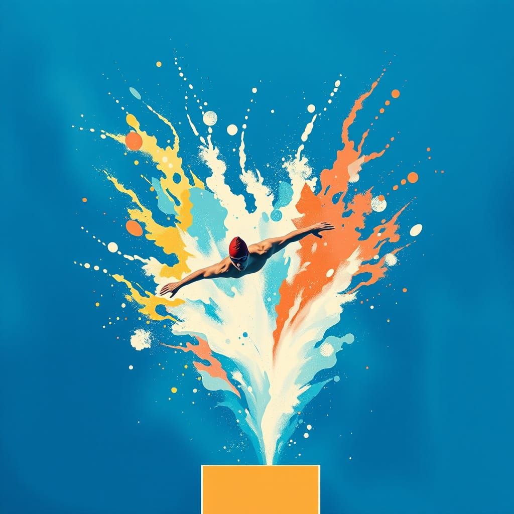 Swimmer's Abstract Dive: Minimalist Pop Art Painting