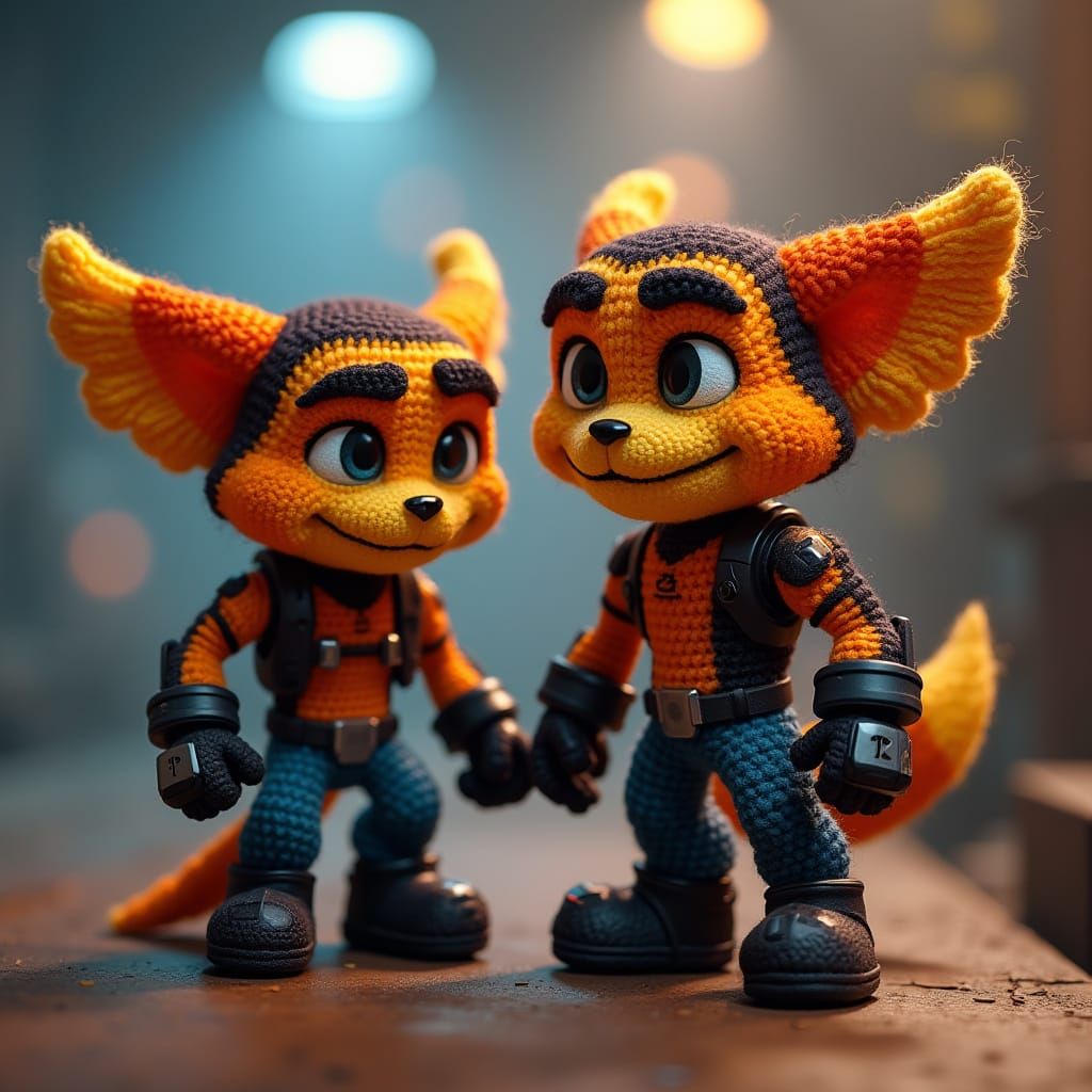 Dramatic Crocheted Scene of Ratchet and Clank