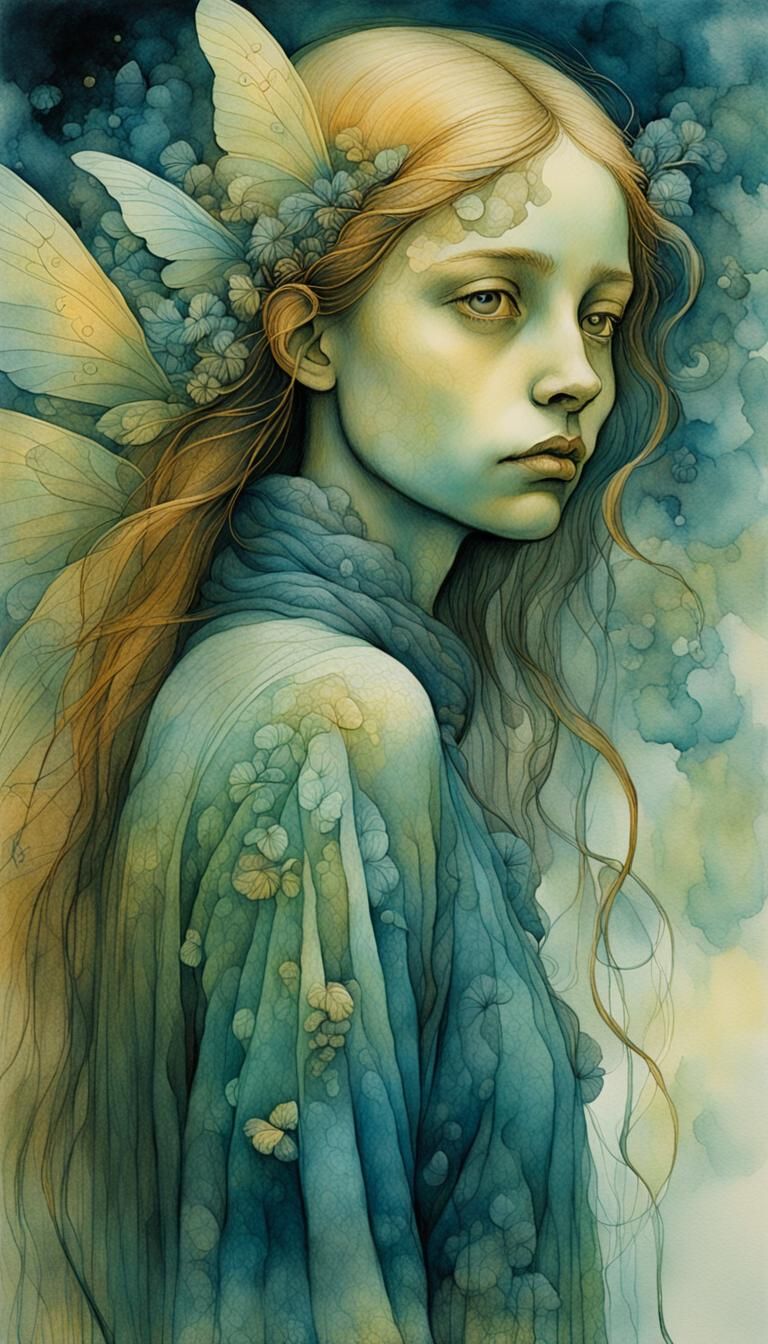 Melancholic Fairy Portrait in Surreal Watercolour Style