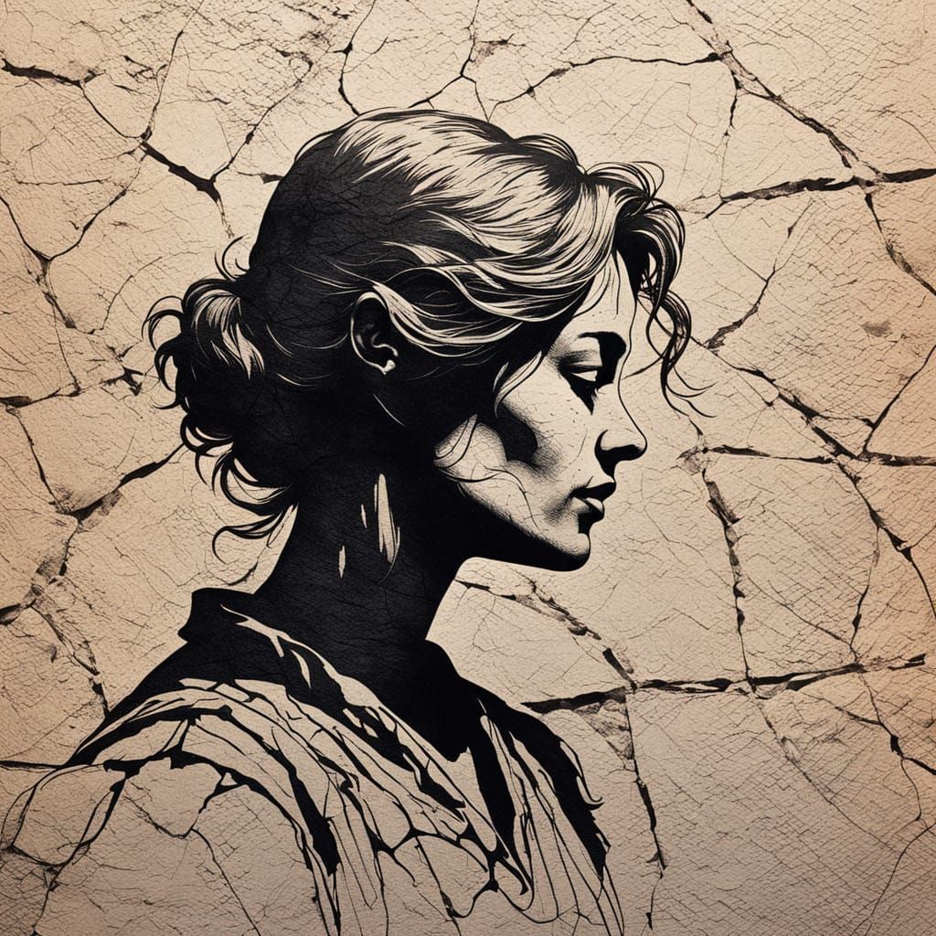 Expressive Silhouette Shadow Puppet on Textured Stone Wall