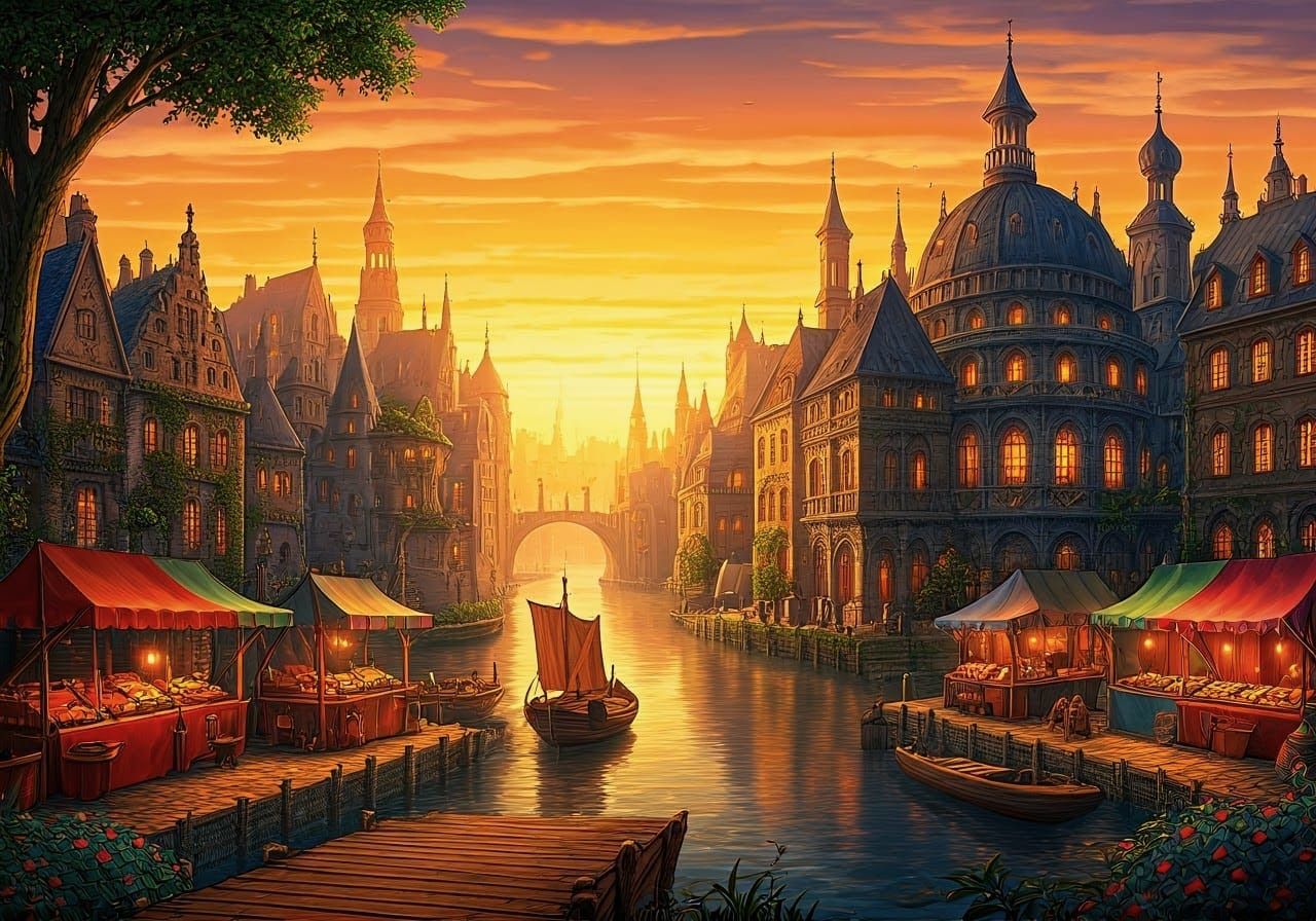 Majestic Ancient River Port Illustration