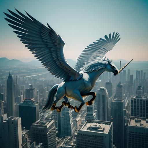 Pegasus Soaring Over City: Cinematic Film Still