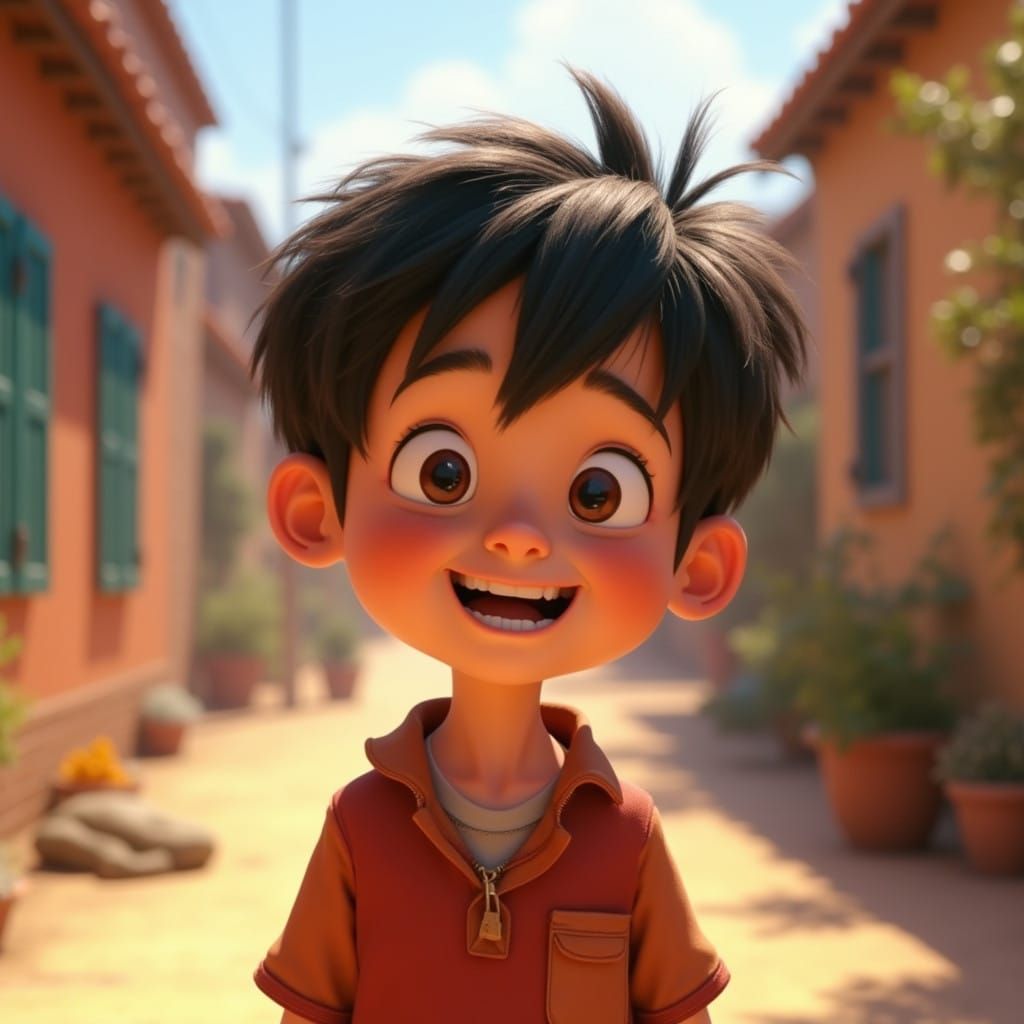 Vibrant Young Boy Smiles with Wonder in Whimsical Pixar-Insp...