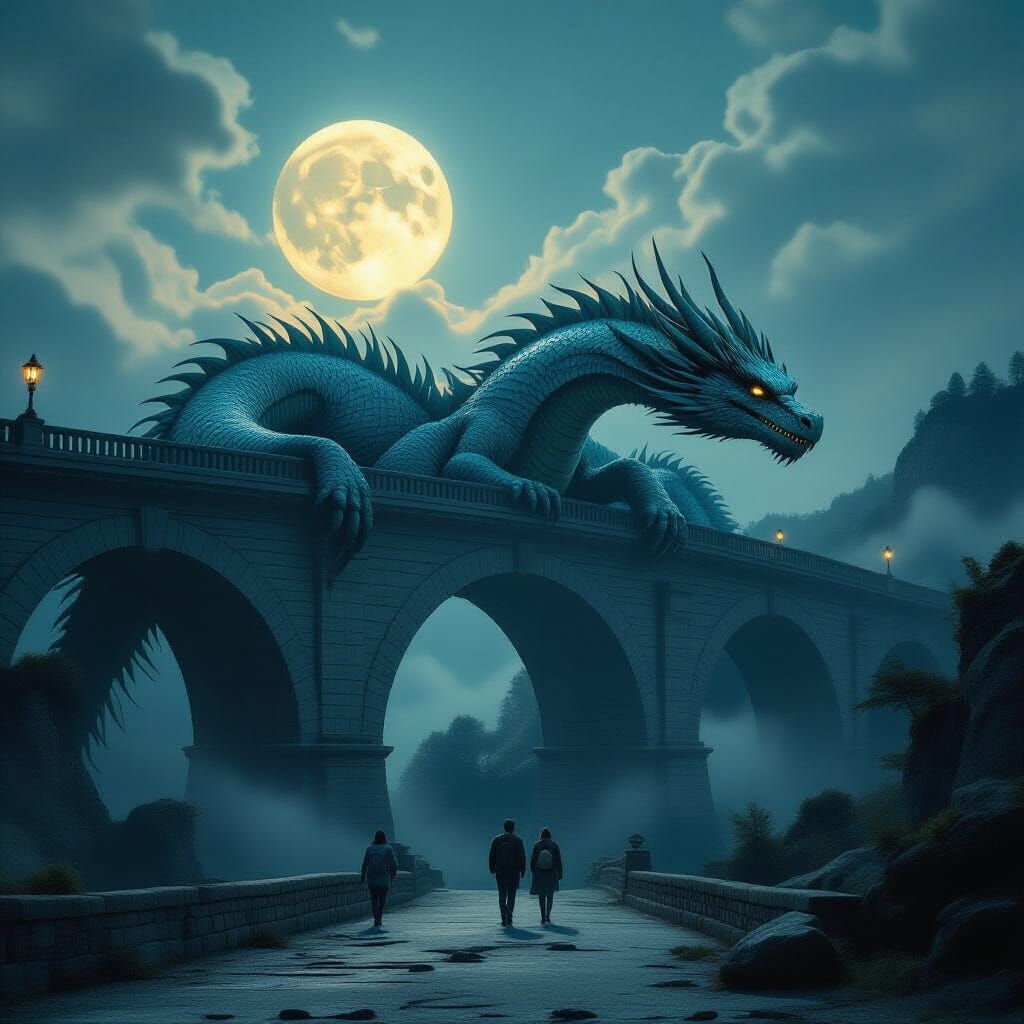 Colossal Dragon Bridge Shimmers in Ethereal Moonlight