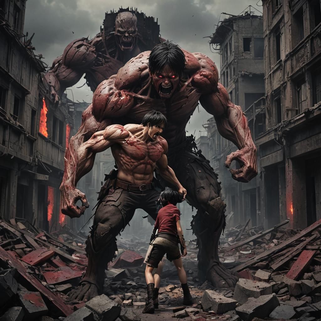 Eren Yeager's Titan Battle: Dark Fantasy Illustration