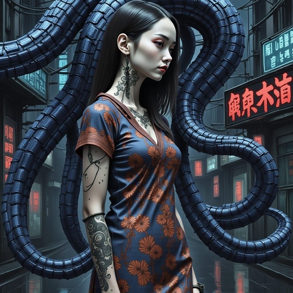 Cyborg Woman with Centipede Tattoos in Giger Style