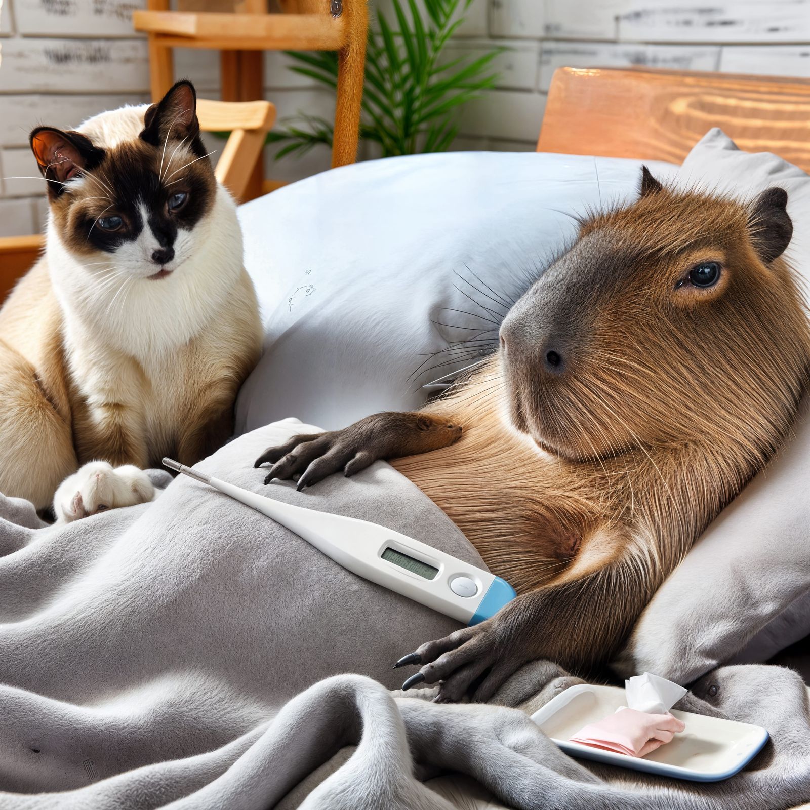 Caring Siamese Cat Nurses Ill Capybara