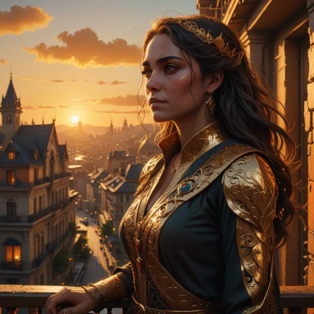 Woman on Balcony Overlooking City, Fantasy Matte Painting