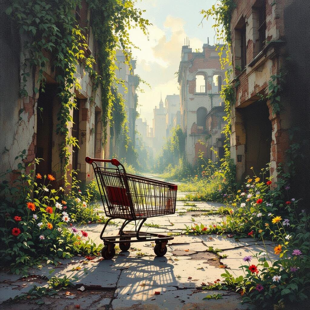 Abandoned Shopping Cart in Ruined Urban Plaza Oil Painting