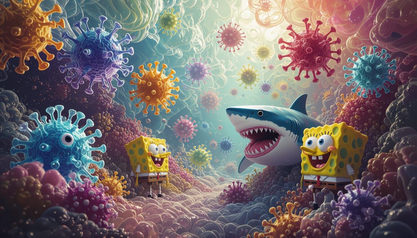 Microscopic World of Viruses and Amoebas in Oil and Ink