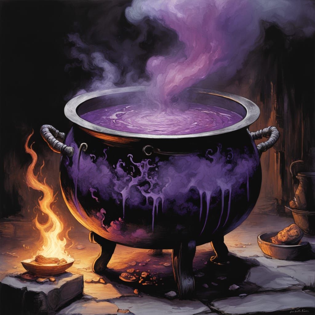 Cauldron filled with a boiling purple liquid 21