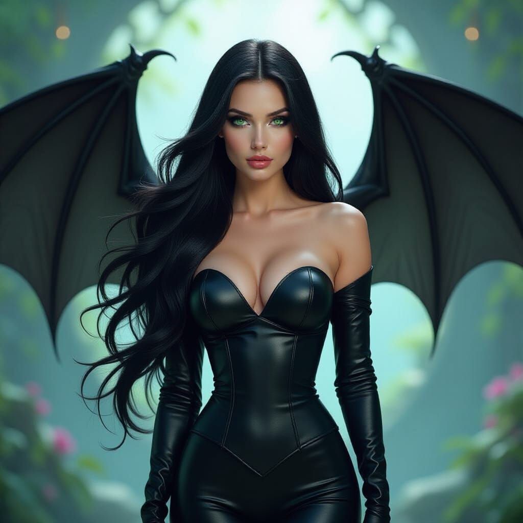 Fantasy Woman with Bat Wings in Mystical Setting