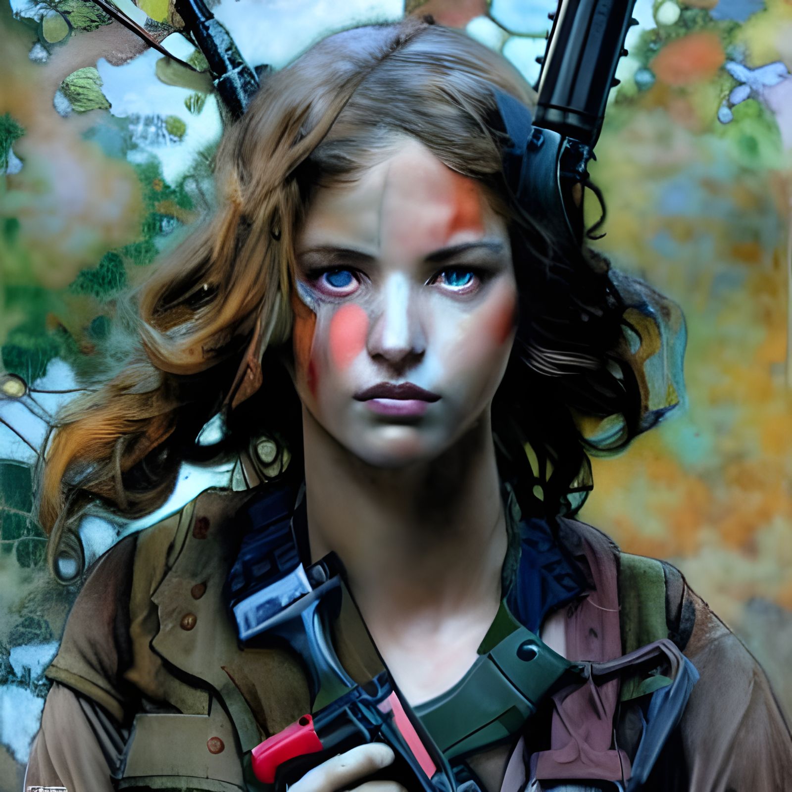 Female Hunter in Camouflage, Pointillist Style