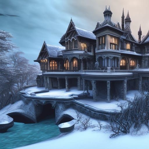 Gothic Mansion on Cliff in Snowy Woods, Matte Painting