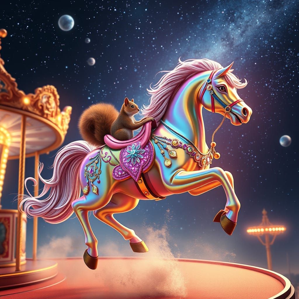 Whimsical Starry Carousel Horse Takes Flight