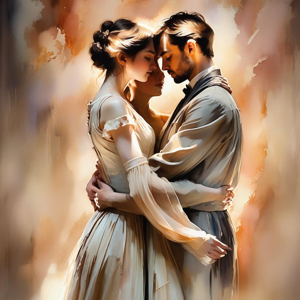 Embrace on Stage: A Romantic Watercolor Portrait