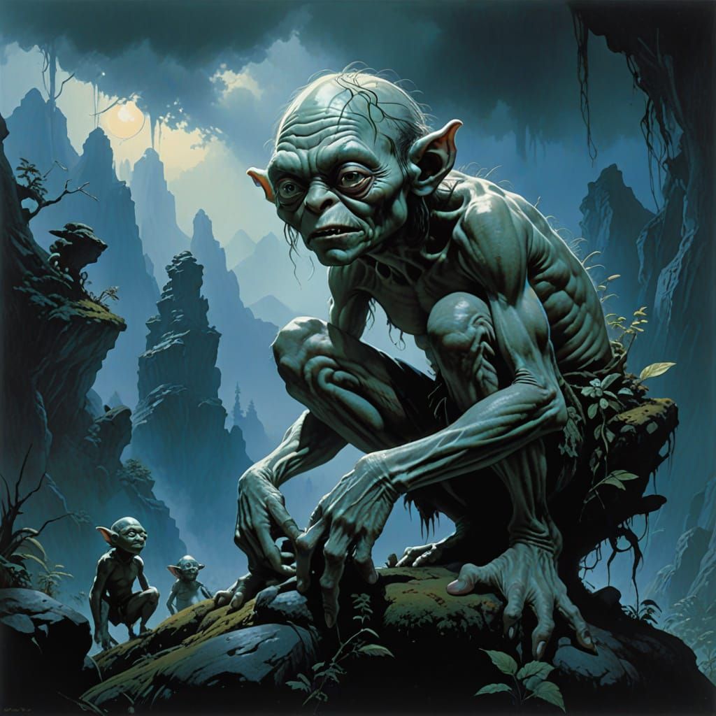 Surreal Portrayal of Gollum in Dark Fantasy Style